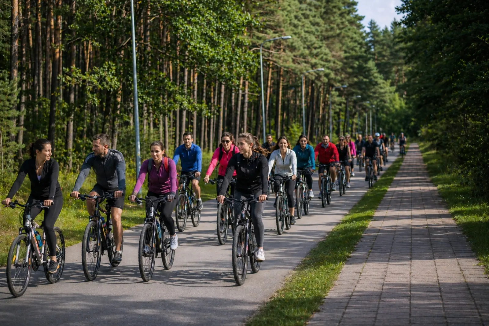 Pajūrio dviračių turas — grupė važiuoja per pušyną